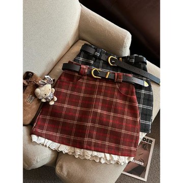 拼接蕾絲格子呢子半身裙女秋冬款高腰a字包臀短裙小個子一步裙子