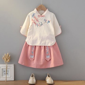 女童漢服裙夏季中國風兒童國學服棉麻裙套裝小女孩古裝演出服唐裝