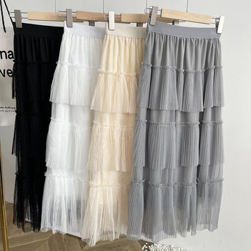 半身裙小眾設計感百搭網紗蛋糕長裙純色2021年夏季新款韓范ins A