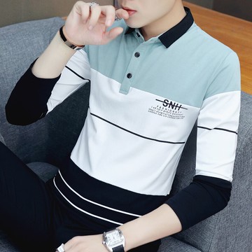 秋裝男士長袖T恤翻領加絨POLO衫有帶領上衣服保暖純棉秋衣體桖丅