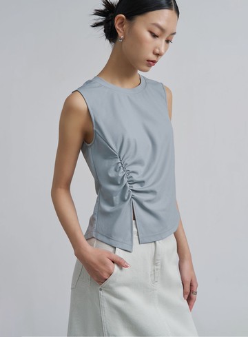 百搭抽褶開衩無袖上衣