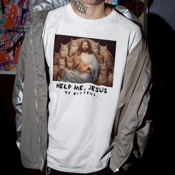 JESUS KITTENS 短袖T恤 白色 貓上帝Jesus耶穌聖母十字架基督教天主聖經團體服禮物寬鬆潮T貓咪毛小孩