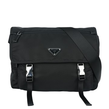PRADA 三角牌尼龍雙釦中款斜背包/相機包(黑色) 1BD671 ZOT F0002