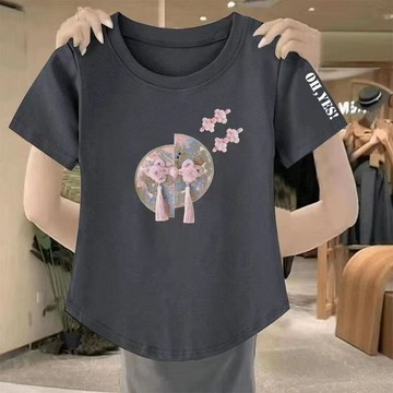 夏季女裝 短袖上衣 棉T短袖T卹 M-3XL 印花上衣 基本款 上衣 小個子寬鬆顯瘦遮肉印花不規則體恤衫上衣466