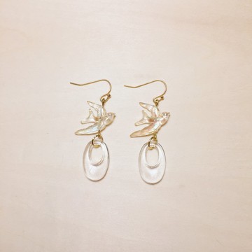 復古透明小鳥橢圓圈圈耳環