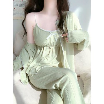 睡衣女款春秋季2025年新款吊帶三件套帶胸墊純棉長袖家居服夏天士