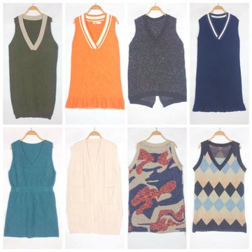 M1古著復古寬松休閑中長寬松彈力針織棉毛馬甲背心麻花圖案連衣裙