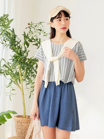 直條紋印花拼接腰鬆緊牛仔洋裝