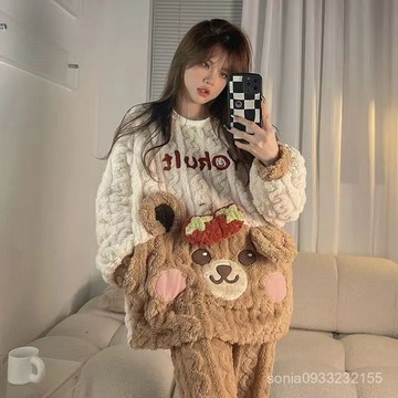 全場最低價⛔睡衣女玉桂狗秋冬季珊瑚絨絨保暖卡通可愛加厚法蘭絨家居服套裝 LAFV