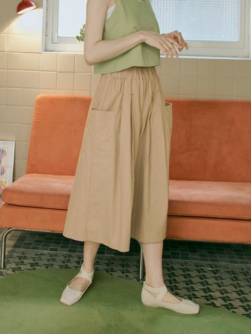 高含棉腰鬆緊口袋打褶七分寬褲