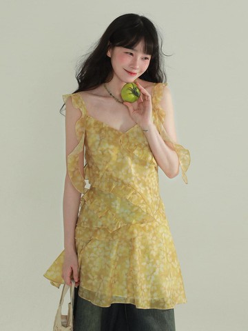黃色 花田雨夏 不規則短款無袖洋裝 甜美約會細肩帶度假碎花短裙