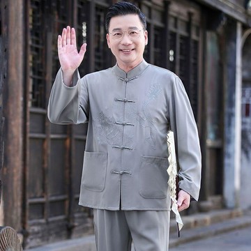摩登秀🔥中老年唐裝男套裝 春秋夏長袖太極服漢服 爸爸裝 新中式中國風立領休閒套裝 爺爺裝 唐裝男中老年人爸爸春秋裝套裝