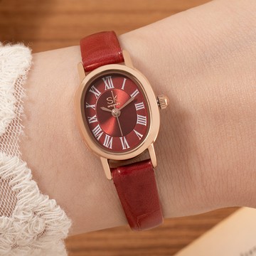 SHENGKE回眸記憶小橢圓羅馬數字刻度炫光真皮手錶【WSK0186】-紅面紅帶