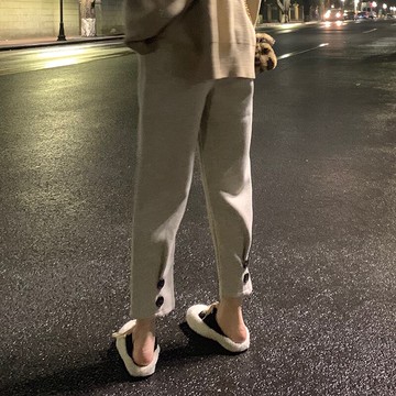 紐扣設計百搭顯瘦奶奶褲新款韓版寬松毛呢休閑褲女九分褲子潮1入