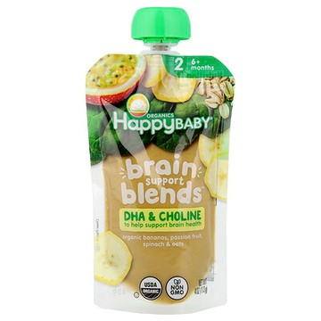 Happy Family Organics, Happy Baby®，大腦幫助混合物™，6 個月以上，有機香蕉、菠菜、西番蓮和燕麥，4 盎司（113 克）