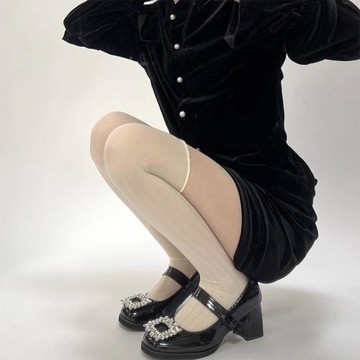 日系奶白色豎條縷空拼接網格木耳邊假高筒假過膝美腿打底連褲絲襪