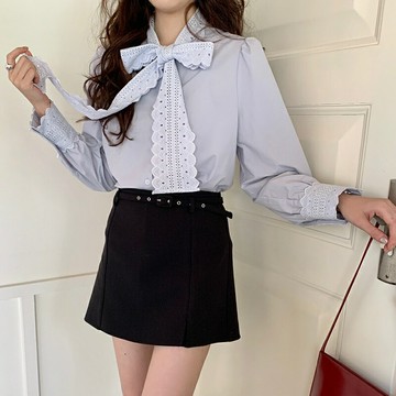 【巴黎精品】現貨+預購 襯衫長袖上衣-鏤空蕾絲綁帶蝴蝶結女裝2色a1fx12