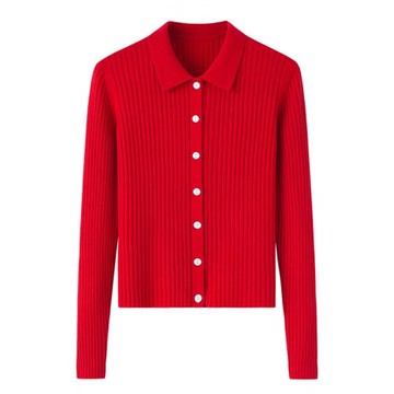 羊絨衫女開衫翻領系扣秋冬修身顯瘦紅色針織毛衣毛衫打底衫K2485