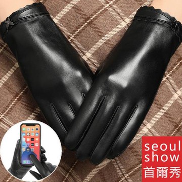 seoul show首爾秀 金屬蝴蝶結頭層小綿羊皮女士真皮觸控騎車保暖手套