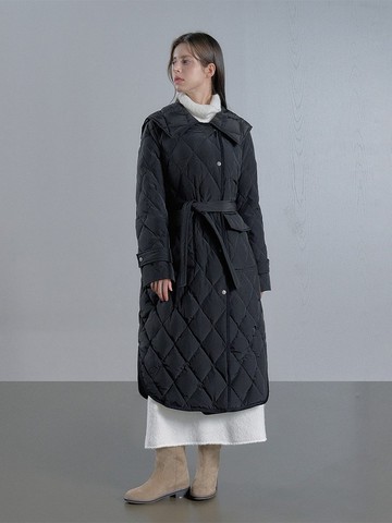 領航員領 絎縫鵝絨長版鋪棉外套 - 黑色