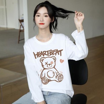 白色T恤女寬松長袖2022年新款早秋純棉卡通印花ins學生內搭打底衫