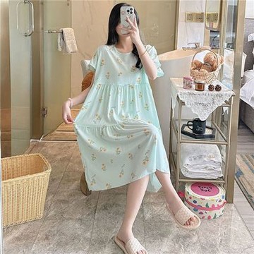 [韓國K.W.]韓國空運法式風格棉麻居家洋裝裝(居家服/家居服/睡衣/睡裙/涼感睡衣)淺藍桔花