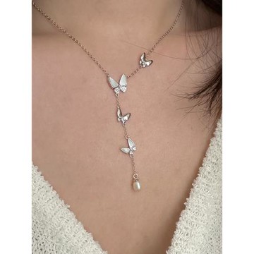 S925純銀貝殼珍珠蝴蝶鎖骨鏈女韓國小眾設計長款流蘇貝母項鏈頸鏈