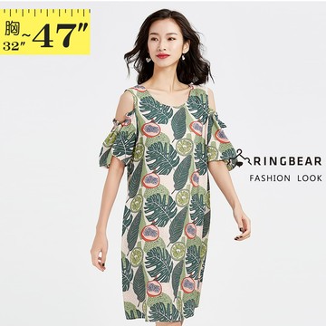 浪漫甜美圓領挖肩荷葉袖草本印花連身裙(綠M-3L) 眼圈熊 中大尺碼 D577