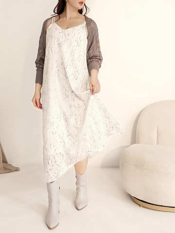 印花皺皺紋理細肩帶傘襬洋裝