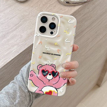 太陽鏡粉色小熊適用iPhone15Plus/16Pro/17ProMax隕石殼軟殼蘋果14/13/12大孔防摔全包高級感