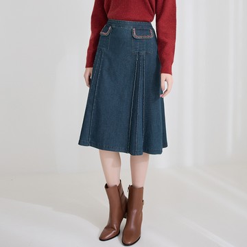 ILEY伊蕾 率性甜美抓摺毛呢織紋口袋棉質牛仔裙(藍色；M-XL)1223068230