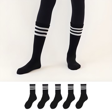 GANASOCKS 女款 優質 雙層底 緩震 三條紋 運動長筒襪 5雙組  黑色  S (230~250mm)