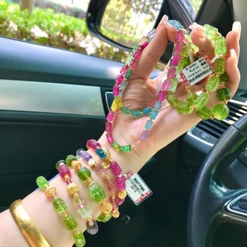 一物一圖天然西瓜碧璽回紋珠手串彩虹碧璽回紋珠手鏈紅藍綠18K金