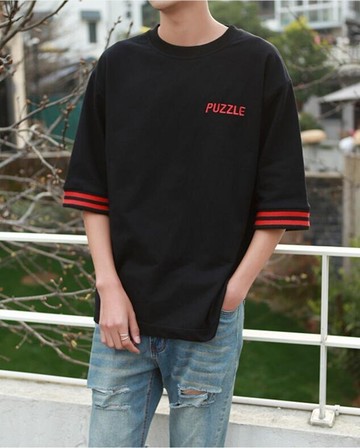 FINDSENSE MD 時尚 男 韓國 寬鬆五分袖 字母刺繡 袖口螺紋 大碼 休閒 運動短T 特色短T 短袖T恤