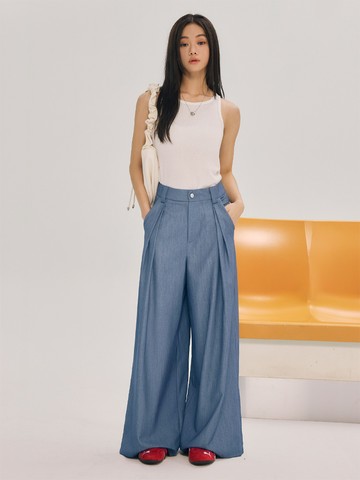 輕盈仿丹寧壓褶落地寬褲