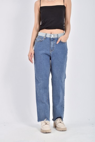 (XL) 高腰丹寧牛仔鬆緊腰藍色長褲