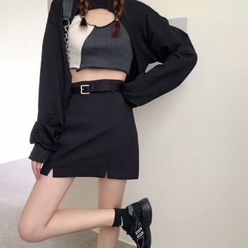簡約開叉黑色半身裙修身包臀裙女裝裙子高腰A字裙夏季短裙送腰帶