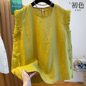 初色 氣質拼接蕾絲純色圓領扣子無袖背心上衣女上衣-共3色-14220(M-2XL可選)