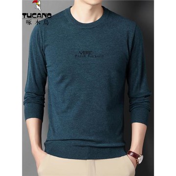 啄木鳥羊毛衫男士春秋款針織衫圓領薄款毛衣男長袖t恤線衣打底衫