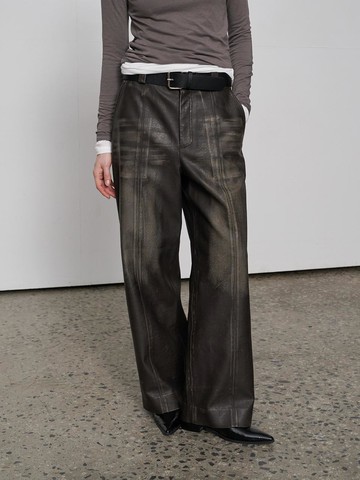 Washed Leather Pants Dark Brown