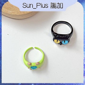 Sun_Plus 台灣現貨 搞怪黑貓組合怪獸戒指 大眼仔甜酷卡通可愛閨蜜情侶指環禮物飾品