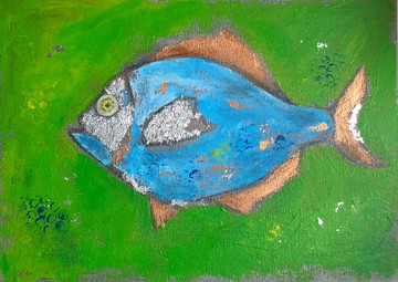 魚原廠壓克力畫，畫布面板上有罐子