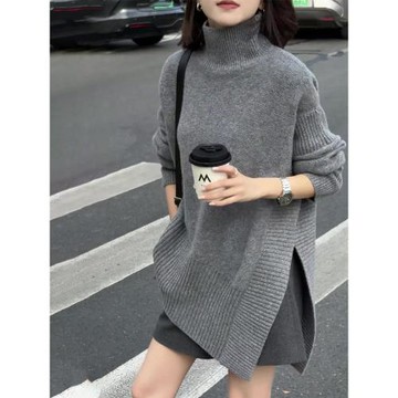 MISS大碼自制深灰色高領時尚中長款開叉毛衣2024秋冬新款百搭上衣