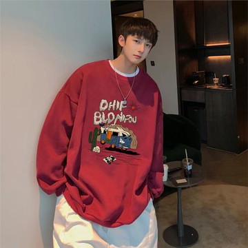 酒紅色衛衣男美式復古圓領套頭衫春秋新款青少年休閑寬松帥氣上衣