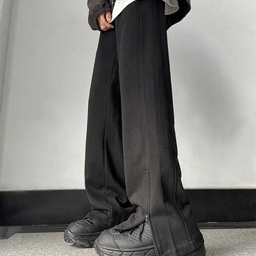 美式高街百搭潮牌褲子男 黑色百搭開叉垂墜感寬鬆休閒褲男