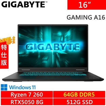 技嘉 GAMING A16 3THK3TW893SH-SP7 16吋 黑(R7 260/64G/512G/RTX5050)特仕機