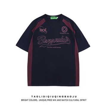 美式高街拼色圓領短袖T恤女夏季新款潮牌街頭休閑情侶半袖衫tee