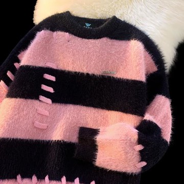 逃離地球美式甜美風撞色條紋圓領毛衣女高街潮牌毛茸茸針織衫上衣