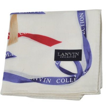 LANVIN COLLECTION 米白底色緞帶印花大方巾品牌LOGO圖騰帕領巾(52CM)