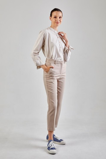 Mandarin stripe Shirt : Long Sleeve (Beige, 米色條紋) 長袖襯衫